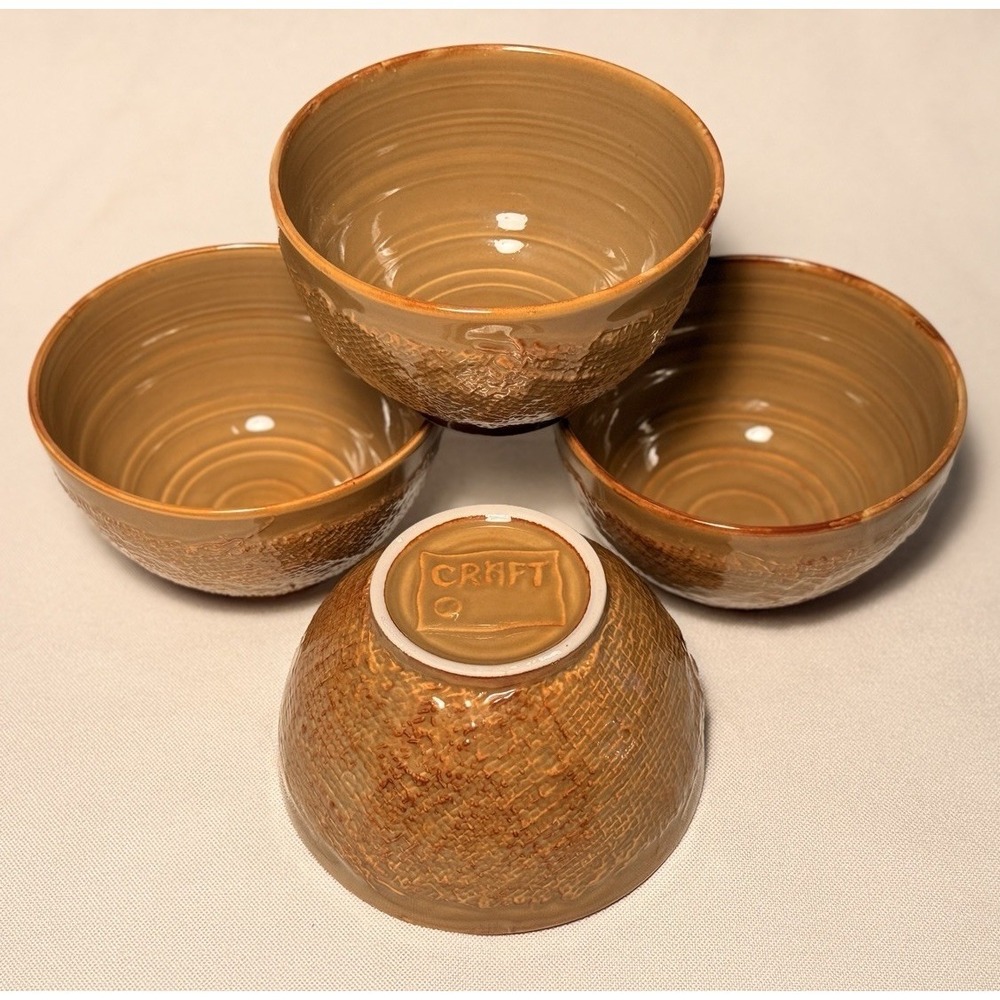 MCM Craft Stoneware Bowls Set of 4 Burlap Texture Tan Brown Mid Century Vintage